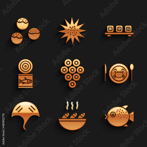 Set Caviar  Fish soup  Puffer fish  Served crab on plate  Stingray  Canned  Sushi cutting board and Takoyaki icon. Vector