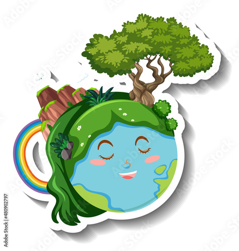 Smiling earth planet with green hair