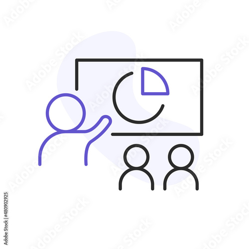 Business presentation icon, online meeting line icon isolated. Video conference concept. Distance work and learning. Vector element. Laptop, computer, chatting, conferencing