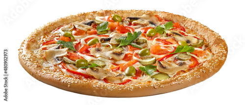 Pizza with mushrooms, pickles, tomatoes, bell peppers, onions and olives isolated on white