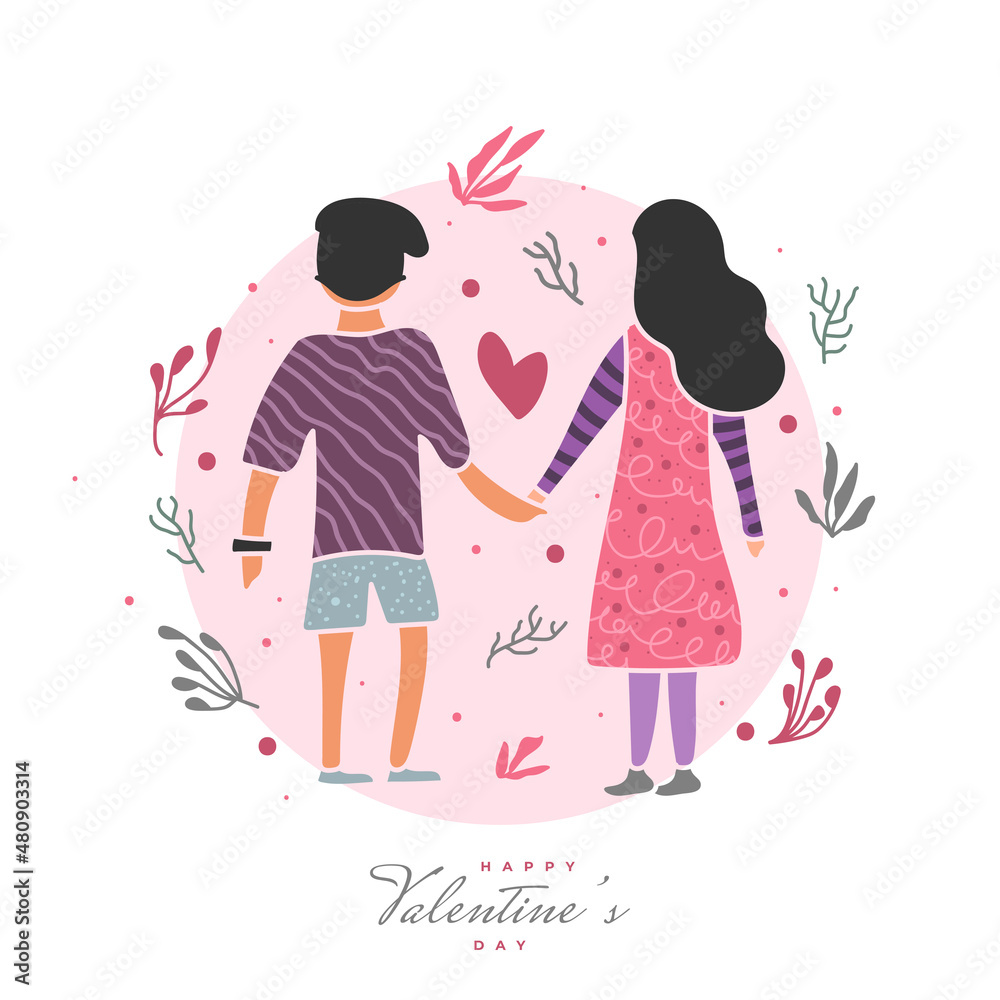 Couple Holding Hands Illustration with Cute Flowers Element and Happy Valentine's Day Lettering. Valentine's Day Postcard Design with Couple Illustration