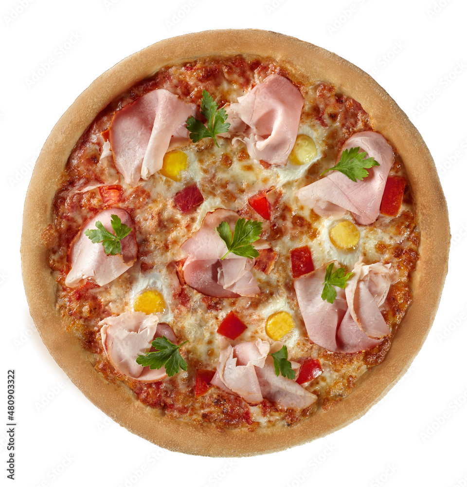 Top view of pizza with ham, quail eggs, tomatoes, mozzarella and fresh herbs isolated on white