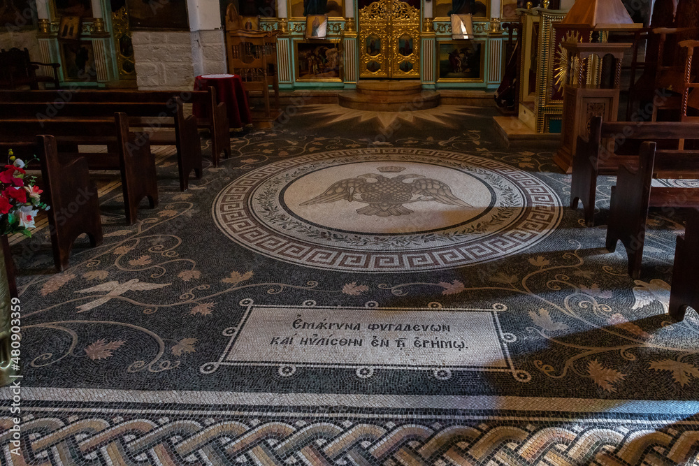 Obraz premium The mosaic floor of the Monastery Deir Hijleh - Monastery of Gerasim of Jordan, in the Palestinian Authority, in Israel
