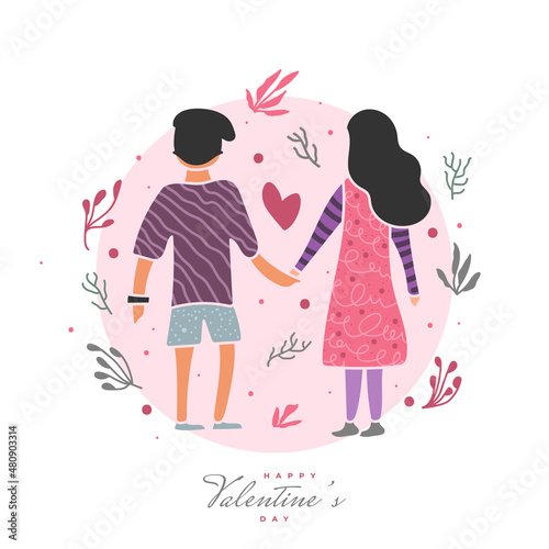 Couple Holding Hands Illustration with Cute Flowers Element and Happy Valentine's Day Lettering. Valentine's Day Postcard Design with Couple Illustration