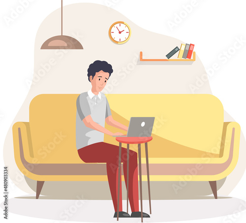 Man, working person sitting in room and correspondence surfing Internet. Male character communicating through network on laptop. Freelance, work from home and home office concept. Working people