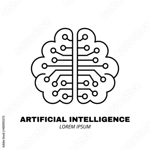 Artificial intelligence and machine learning line icon. Robotic brain. Simple thin outline pictogram. AI concept. Innovative robotic technology element. Cpu,cloud. Editable stroke vector illustration