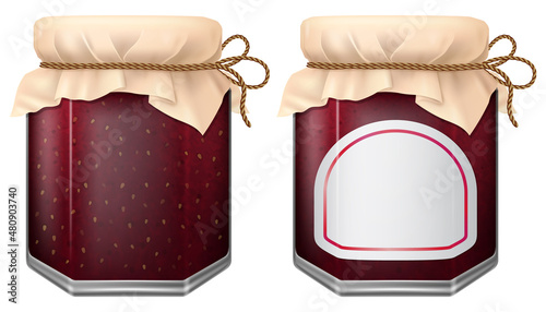 Jar of homemade jam with fabric cover. Vector illustration.