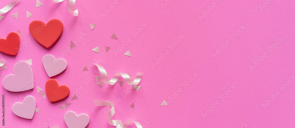 close up top view on colorful heart shape with rolling ribbon on pink background for happy valentine festival concept close up top view on colorful heart shape with rolling ribbon on pink background for happy valentine festival concept