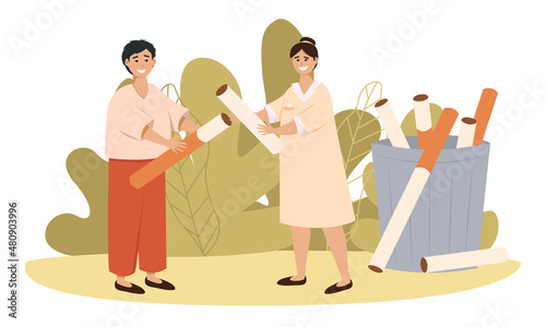 Stop Smoking, Healthy Lifestyle Start, Unhealthy Habit Quit, Lungs Diseases Prevention Flat Vector Concept. Quitting smoking and bad habits, character throwing pack of cigarettes in trash