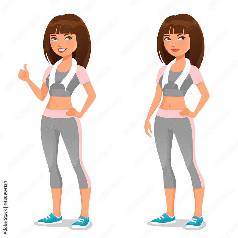beautiful young girl in fitness clothing, cute cartoon character beautiful young girl in fitness clothing, cute cartoon character
