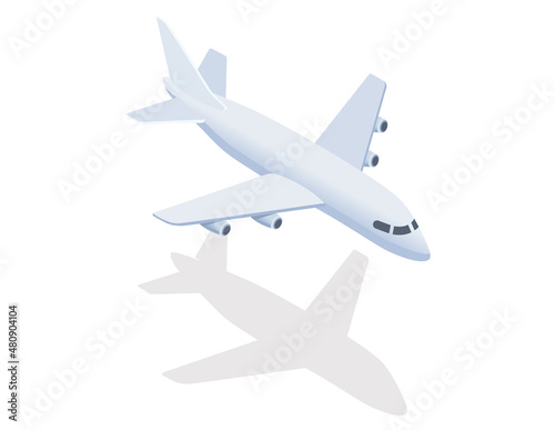 White airplain vector illustration in motion flies in sky isometric vector with shadow. Aircraft passenger plain air vehicle for fast travel over long distances. Big modern flying machine isolated