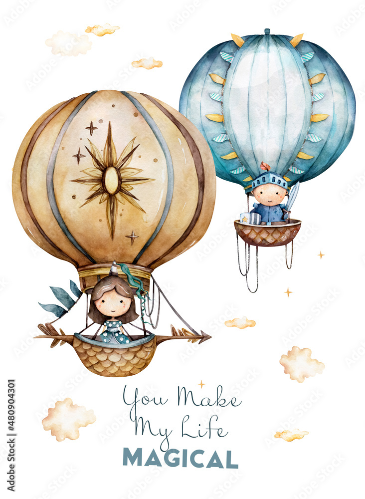 Obraz premium watercolor hot air balloons with knight and princess in the clouds, romantic mood in pastel colors