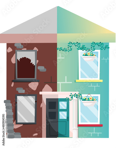 Home renovation, house before and after repair. New and old suburban cottage. Remodel construction. Old run-down house remodeled into cute traditional suburban cottage. Building maintenance service