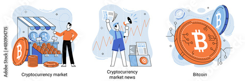 Cryptocurrency bitcoin market concept. Blockchain technology. Cyber banking space procedures, bitcoin trading and coin. Ecurrency transactions. Digital currency, cryptocurrency market, hidden mining