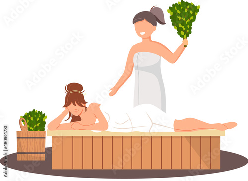 Woman wearing bath towel sits on wooden bench at hot steam sauna. Relaxing and wellness in finnish, russian bath or spa center. Warm therapy female hot steam in sauna bathing character in bathhouse
