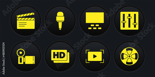 Set Cinema camera, Sound mixer controller, Hd movie, tape, frame, Online play video, auditorium with seats, Microphone, Film reel and Movie clapper icon. Vector