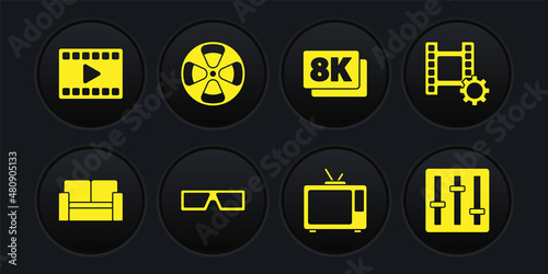 Set Cinema chair, Play Video, 3D cinema glasses, Retro tv, 8k Ultra HD, Film reel, Sound mixer controller and icon. Vector