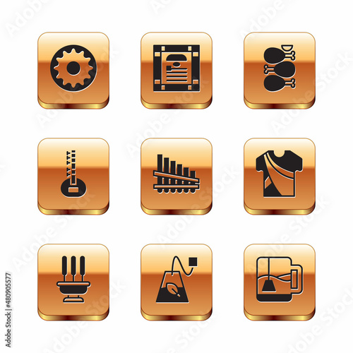 Set Chakra, Incense sticks, Tea bag, Pan flute, Sitar, Tandoori chicken, Cup of tea with tea and India constitution day icon. Vector