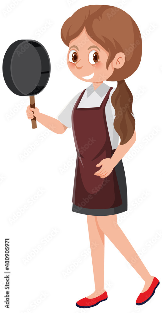 A woman holding a pan wearing apron cartoon character on white background A woman holding a pan wearing apron cartoon character on white background