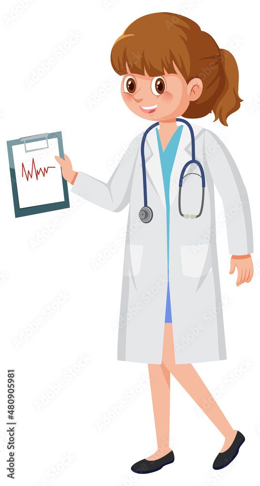 A female doctor cartoon character on white background A female doctor cartoon character on white background