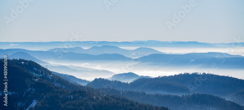 Amazing mystical rising fog mountains sky forest trees landscape view in black forest ( Schwarzwald ) winter, Germany panorama panoramic banner - mystical snow foggy mood © Corri Seizinger