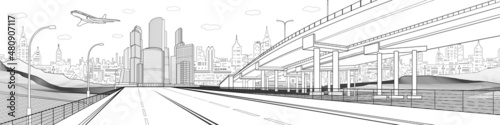 Black outlines Infrastructure illustration. Large highway in city. Modern town at white background, tower and skyscrapers, business building. Plane is flying. Vector design art