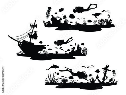 Set of silhouette of scuba diver underwater. Collection of cave with corals and fishes. Water sport. Vector illustration of marine wildlife on white background. 
