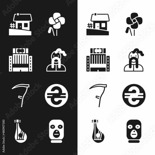 Set Ukrainian cossack, Hotel Ukraina building, house, Poppy flower, Scythe, hryvnia, Thief mask and Bandura icon. Vector