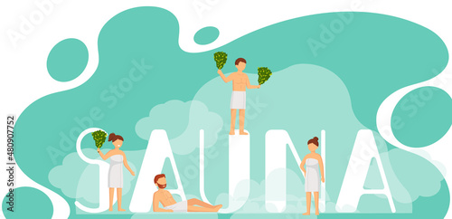 Sauna and steam room. Set of people in sauna. People relax and steam with birch brooms in traditional russian stove for female and male. Finnish bathhouse. Public sauna, Friends in spa resort