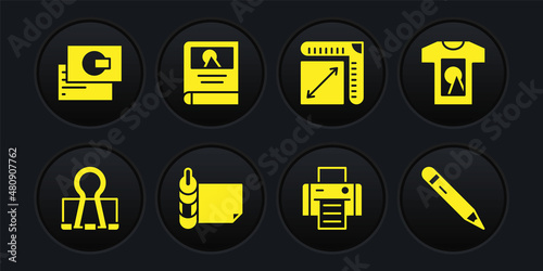 Set Binder clip, T-shirt, Roll of paper, Printer, Paper size, Photo album gallery, Pencil with eraser and Business card icon. Vector