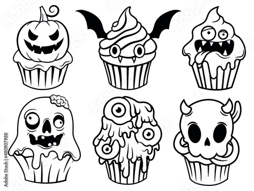 Set of cute halloween cupcakes. Collection of character creepy cupcakes with witch hat, pumpkin, eyeball, etc. Trick or treat. Happy scary sweets. Vector illustration of fun halloween muffins.