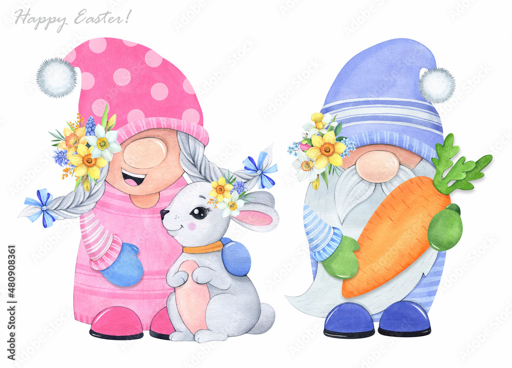Naklejka premium Watercolor illustration. Easter gnomes with a rabbit and a carrot. Boy and girl gnomes on a white background.