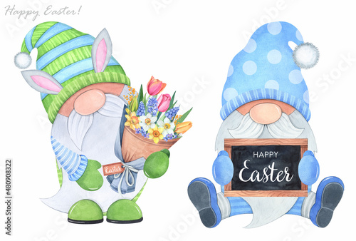 Watercolor illustration. Nordic gnomes on a white background. Easter bunny with flowers. photo