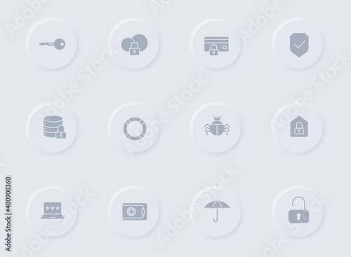 security gray vector icons on round rubber buttons. security icon set for web, mobile apps, ui design and promo business polygraphy