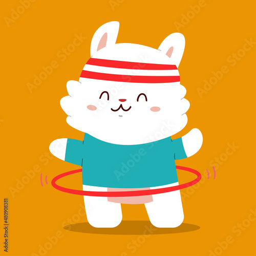 Cute rabbit with hula hoop vector cartoon character isolated on background.