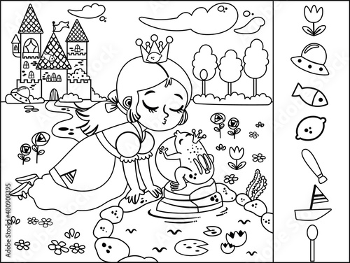 Black and white hidden object game on The Frog Prince story theme. Vector illustration for little children.