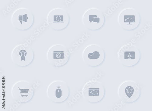 seo gray vector icons on round rubber buttons. seo icon set for web, mobile apps, ui design and promo business polygraphy