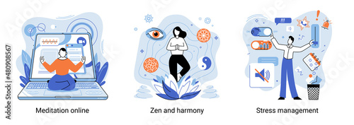 Self-management, meditation online, zen and harmony, stress management, self regulation learning, self-organization course, control over emotions concept Online yoga at home, calmness and self-control