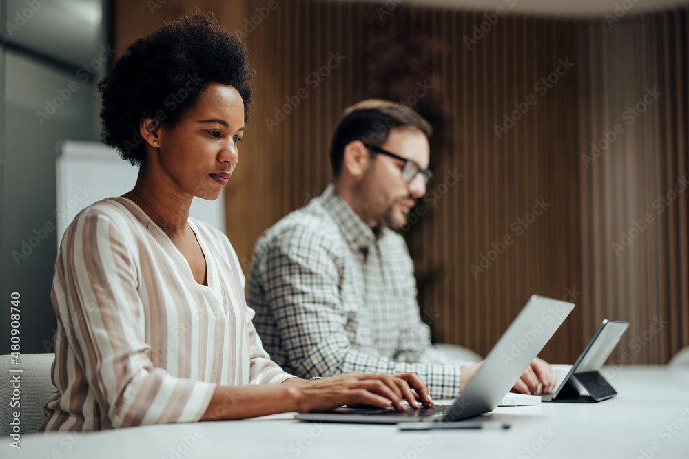 Concentrated business executives, typing fast on the laptop keyboards. Concentrated business executives, typing fast on the laptop keyboards.