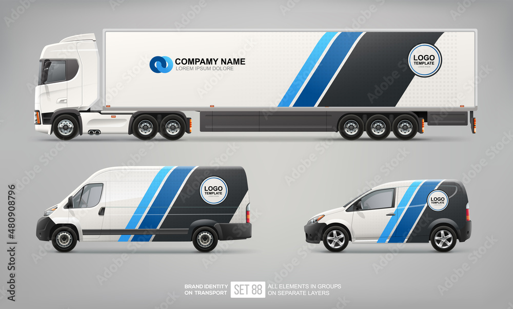 Realistic vector Van, truck trailer mockup with blue stripes design for
