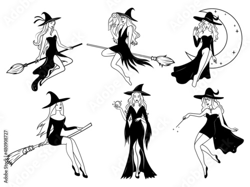 Set of silhouettes witches flying on a broomstick. Collection of sexy mythical characters for Halloween. Magic female in witch hat on moon. Vector illustration of scary personage. 
