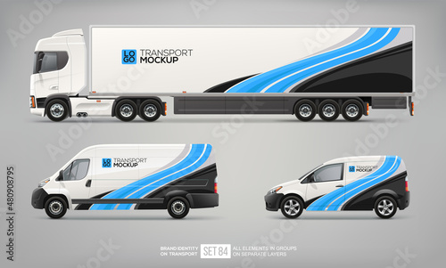 Vector Van, Truck Trailer mockup with blue stripes design for branding and corporate identity. Abstract graphics on transport of blue and black stripes for business background. 