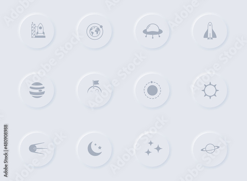 space gray vector icons on round rubber buttons. space icon set for web, mobile apps, ui design and promo business polygraphy