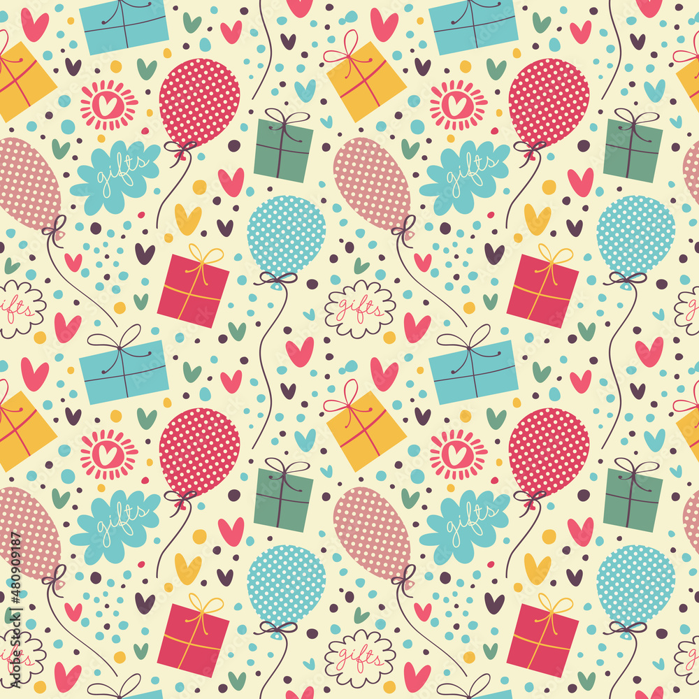 Seamless pattern with balloons, hearts, gifts and confetti.