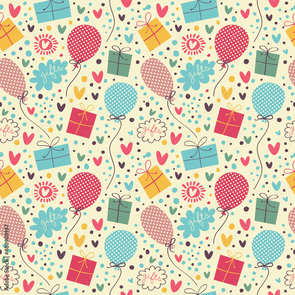 Seamless pattern with balloons, hearts, gifts and confetti. Seamless pattern with balloons, hearts, gifts and confetti.