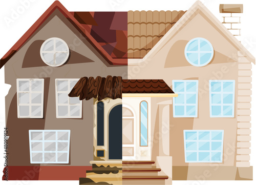 Home renovation, house before and after repair. New and old suburban cottage. Remodel construction. Old run-down house remodeled into cute traditional suburban cottage. Building maintenance service