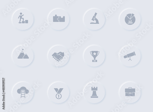 startup gray vector icons on round rubber buttons. startup icon set for web, mobile apps, ui design and promo business polygraphy