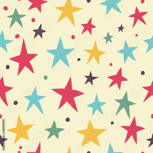 Seamless pattern with hand drawn stars. The stars are painted with a dry brush. Ink illustration. Ornament for wrapping paper.