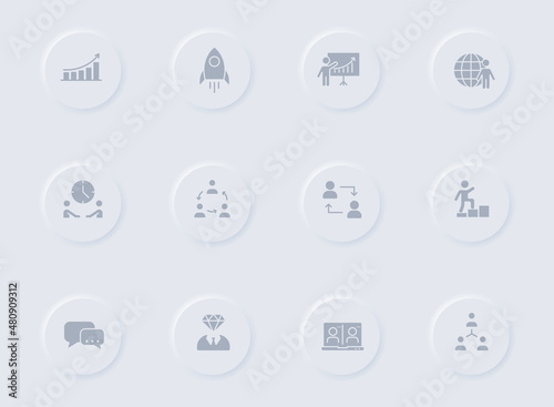 teamwork gray vector icons on round rubber buttons. teamwork icon set for web, mobile apps, ui design and promo business polygraphy