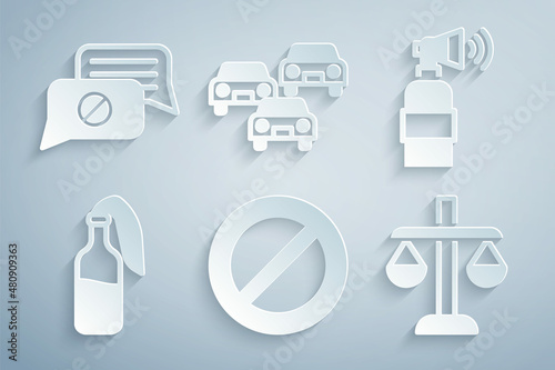 Set Ban, Air horn, Cocktail molotov, Scales of justice, Traffic jam and Speech bubble chat icon. Vector